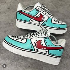 ad eBay - Nike Air Force 1 Custom Hand Painted White Shoes 'Teal Red Cartoon Outline Retro - Buy Now, click the link (eBay) Cartoon Nike Shoes, Painted White Shoes, Custom White Shoes, Cartoon Outline, Custom Shoes Nike, Nike Cartoon, Red Cartoon, Painted Nikes, Nike Air Force 1 Custom