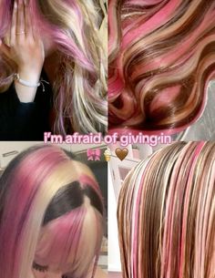 Dyed Hair Chunky Highlights, Green Hair With Blonde Highlights, Chunky Highlights Colorful, Hot Pink Hair Dye Ideas, Hair Dye Inspo Highlights, Dark Pink And Black Hair, Chunky Highlights Asian, Curly Brown Hair With Pink Highlights