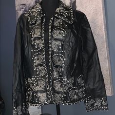 Black Real Leather Jacket Super Cute With Jewels And Chains On It Designer Black Leather Jacket For Evening, Fitted Black Embellished Leather Jacket, Vintage Black Embellished Outerwear, Real Leather Jacket, Black Leather Jacket, Leather Jackets, Real Leather, Black Leather, Leather Jacket