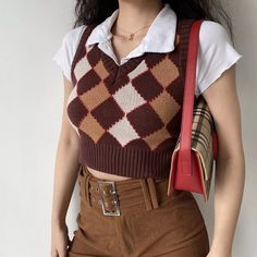 Brown Fitted Cotton Sweater Vest, Fitted Brown Cotton Sweater Vest, Fitted Retro Brown Sweater Vest, Retro Fitted Brown Sweater Vest, Preppy Aesthetic Outfits, Argyle Vest, Style Hacks, Clothes Board, Y2k Sweater