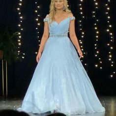 Light Blue Ball Gown With Beading Around The Arms And Waist. Only Worn For Around An Hour. Front Hemmed To Fit A 5ft 6 In Girl With 3 Inches Heels Light Blue Ball Gown, Blue Ball Gown, Ashley Lauren, Blue Ball Gowns, Blue Ball, 3 Inch Heels, Ball Gown, Middle School, The Middle