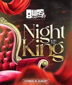 the poster for night with the king starring in august, featuring a red velvet chair