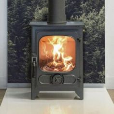 a wood burning stove sitting in front of a wall with trees on the walls behind it