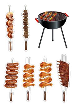 an assortment of different types of food on skewers and grills with stickers