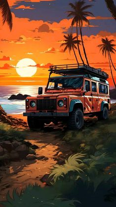 an orange van parked on the side of a beach at sunset