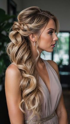 Wedding Hair Curly Ponytail, Fancy Medium Hairstyles, Long Hair Fancy Styles, Wedding Long Hair Updo, Up Hairstyles For Long Hair Wedding, Curly Ponytail Hairstyles For Prom, Long Hair Fancy Hairstyles, Wedding Hairstyles For Long Hair With Bangs, Hair Styles For Long Hair Braid