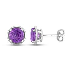 These colorful stud earrings display a round-cut amethyst styled in classic sterling silver. The earrings secure with friction backs. Colorful Stud Earrings, Earrings Display, Amethyst Studs, Earring Display, Silver Prices, White Earrings, Accessories Jewelry Earrings, Amethyst Stone, Earrings Sterling Silver