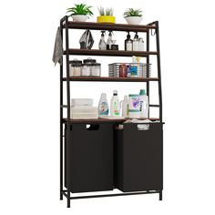 a shelf with two bins and some bottles on top of it, next to a potted plant