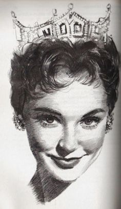 a black and white drawing of a woman with a tiara on top of her head