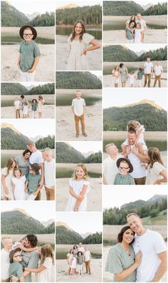 a collage of family photos taken on the beach in front of mountains and water