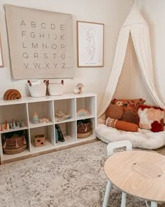 a child's playroom with toys, bookshelves and posters on the wall