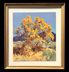 a painting of yellow flowers in a brown frame