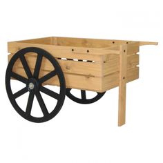 an old wooden wagon with wheels is shown