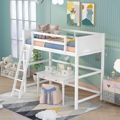 a child's bedroom with a bunk bed and desk