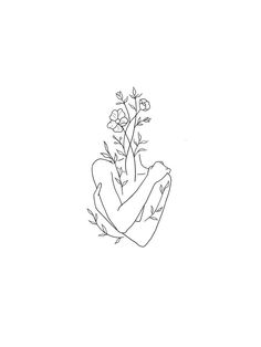 a black and white drawing of a hand holding a small plant with flowers in it