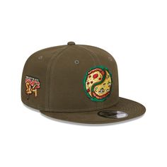 The Teenage Mutant Ninja Turtles 9FIFTY Snapback features an embroidered TMNT pizza shell at the front panels with a matching Ninjas in NYC Since '84 patch at the right-wear side, a green canvas fabrication, a gray visor, and a snapback closure at the rear. Casual Baseball Cap With Patches And Flat Brim, Casual Streetwear Hats With Patches, Casual Flat Brim Baseball Cap With Patches, Casual Flat Bill Hat With Patches, Casual Embroidered Fitted Hat With Flat Bill, Casual Embroidered Fitted Hat For Streetwear, Tmnt Pizza, Baseball Drip, Ninja Turtle Pizza