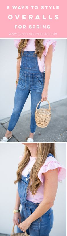 5 Ways to Style Denim Overalls for Spring, Wearing Madewell Overalls, Pink Ruffled Top, White Target Loafers and a Basket Bag - Sunshine Style Ways To Style Overalls, Madewell Overalls, Spring Sunshine, Overalls Fashion, Style Overalls, Florida Fashion, Fashion And Beauty Tips, Style Inspiration Summer, I Love Makeup