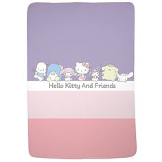 the hello kitty and friends baby blanket is pink, purple, and white with five cartoon characters on it