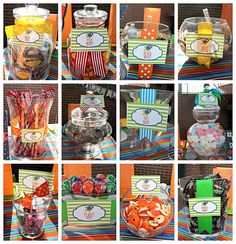 there are many pictures of candy in glass jars