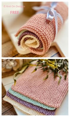 two pictures showing the different colors of knitted blankets