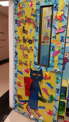 a door decorated with an image of pete the cat