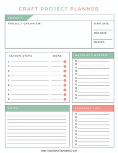 a printable project planner with the words craft project planner on it and an image of a