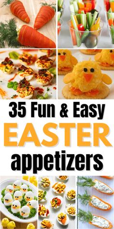 the cover of 35 fun and easy easter appetizers with pictures of different foods