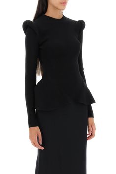 This ribbed wool sweater from Alexander McQueen comes in a fitted silhouette enhanced by a peplum hem. It is designed with a crew neck and padded trims on the shoulders. The model is 177 cm tall and wears a size S. Peplum Sweater, Peplum Hem, Sweater Sale, Sweaters Knitwear, Emilio Pucci, Black Rib, Denim Pant, Wool Sweater, Womens Fall