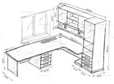 a drawing of an office desk with drawers and cupboards on the side, along with other furniture