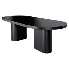 an oval shaped table with black legs and a curved top, on a white background