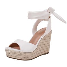 PRICES MAY VARY. Classic espadrille sole, faux suede soft vamp Super cute summer sandals, these wedge shoes features jute rope platform heel, with ankle strappy, the high wedged heel design make your legs looked more skinnier and longer, also keep you comfortable wear all day. Lace up self tie closure, easy to wear on/ off. Has black, khaki, pink, navy, beige, brown, leopard, red 8 colors selection. Easy Matching: These wrap up pumps wedges perfect for wear with casual style dress, shorts, jeans Tie Up Espadrilles, White Wedge Sandals, Heel Sandals Outfit, Pink Wedges, Senior Photo Outfits