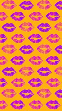 an orange background with pink and purple lips on the bottom half of each lip, as if they were kissing