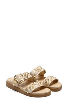 Mixed textures and polished studs embolden a trend-savvy slide sandal grounded by a cushioned footbed for lasting wear. 1 1/4" heel Cushioned footbed Leather upper and lining/rubber sole Imported Slide Sandals, Free People, Womens Sandals, Leather Upper, Nordstrom, Sandals, Heels, Leather, How To Wear