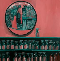 a painting of bottles on a shelf with a mirror in the background and a pink wall behind it