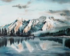 a painting of snow covered mountains reflected in the water