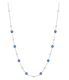 Sterling Silver Simulated Blue Sapphires Necklace measures 16"-18" Adjusted by extension chain Elegant Blue Necklace With Satellite Chain, Blue Round Chain Necklace, Blue Round Chain Jewelry, Blue Round Necklace With Adjustable Chain, Blue Round Necklaces With Adjustable Chain, Blue Beaded Chain Jewelry, Blue Beaded Round Jewelry, Blue Jewelry With Round Beads Chain, Blue Jewelry With Round Bead Chains