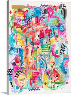 an abstract painting with many different colors and shapes on the canvas, it is very colorful