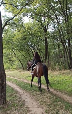 a woman riding on the back of a brown horse down a dirt road surrounded by trees