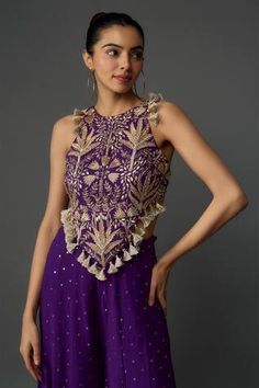 Purple sleeveless halter neck back tie up choli with ambrosia embroidery and tassel embellishments. Paired with a mukaish and tassel embellished sharara. - Aza Fashions Payal Singhal, Rhea Kapoor, Mira Rajput, Sanya Malhotra, Rohit Bal, Parineeti Chopra, Women Kurta, Tarun Tahiliani, Kareena Kapoor Khan