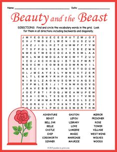 the beauty and the beast word search is shown in this printable activity sheet for kids