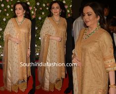 Nita Ambani attended Amit Thackeray's wedding reception wearing a cream and gold embroidered palazzo suit. Diamond and emerald necklace and earrings set and wavy hair completed her look! Amit Thackeray, Kurti Designing, Marodi Work, Ambani Family