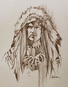 a drawing of a native american man with feathers and headdress on his head