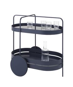 a black serving cart with four glasses on it and one tray that has drinks in it