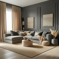 a living room filled with furniture and lots of pillows on top of a wooden floor