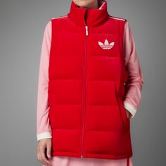 Nwt Women's Size Xs Adidas Down Velvet Puffer Vest. It Has 2 Front Zip Pockets. Approx Pit To Pit Approx Length From Top Of Front Shoulder (Next To Collar) To Hem Approx Width Across Hem Sporty Outerwear With Padded Collar, Adidas Fitted Outerwear For Fall, Sporty Outerwear For Work, Red Adidas Winter Outerwear, Puffer Vest With Hood, Adidas Zip Up, Zipper Vest, Velvet Vest, Red Puffer