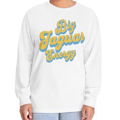 This Big Jaguar Energy Long Sleeve T-Shirt is made with 100% US cotton (Athletic Heather is 90% US cotton 10% polyester). This unisex long-sleeve shirt is a highly versatile choice that stays comfy throughout the day. Their tubular shape provides an easy-going, classic fit that is perfect for any occasion while the ribbed cuffs help maintain the garment's good looks for longer.  .: 100% US Cotton (fiber content may vary for different colors) .: Medium fabric (6.0 oz/yd² (203 g/m .: Classic fit . Collegiate Long Sleeve T-shirt With Relaxed Fit, White Long Sleeve T-shirt For College, White Long Sleeve College T-shirt, Fan Apparel Long Sleeve Relaxed Fit T-shirt, College Fan Apparel Long Sleeve Tops, Collegiate Long Sleeve Relaxed Fit T-shirt, Sporty Long Sleeve T-shirt With Logo Print, Relaxed Fit Long Sleeve Fan Apparel Top, Collegiate Long Sleeve T-shirt With Screen Print