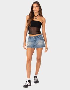 EDIKTED Distressed Denim Mini Skirt - BLUE | Tillys Flannel Sweatshirt, Shorts Outfits, Concert Outfits, Summer Plans, Open Knit Sweater, Cargo Skirt, Boy Tees, Swimsuit Cover Ups, Sweaters And Jeans