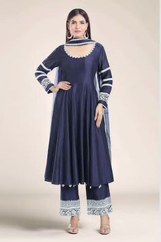 Navy blue chanderi anarkali with contrasting embroidery detailing on the neckline and sleeves. Comes with an intricate embroidered pant and embroidered organza dupatta. - Aza Fashions Designer Blue Palazzo Set With Embroidered Border, Blue Embroidered Palazzo Set For Designer Outfits, Chanderi Anarkali Set With Embroidered Border, Anarkali Style Floor-length Set With Embroidered Border, Floor-length Anarkali Set With Embroidered Border, Blue Palazzo Set With Embroidered Border For Navratri, Blue Anarkali Set With Embroidered Border, Festive Floor-length Churidar With Embroidered Border, Festive Floor-length Embroidered Churidar