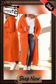 Fall Winter Fashion Hooded Knitted Cardigan Elegant Letter Print Loose Sweater Outwear Women Casual Long Sleeve Loose Midi Coat Warm Casual Cardigan, Orange Knit Long Sleeve Outerwear, Long Sleeve Orange Knit Outerwear, Warm Long Sleeve Cardigan For Spring, Warm Long Sleeve Spring Cardigan, Cozy Orange Long Sleeve Outerwear, Cozy Orange Winter Outerwear, Orange Knitted Cardigan For Winter, Casual Orange Cardigan For Winter