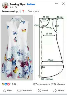 an image of a dress with butterflies on it and the sewing pattern for this dress